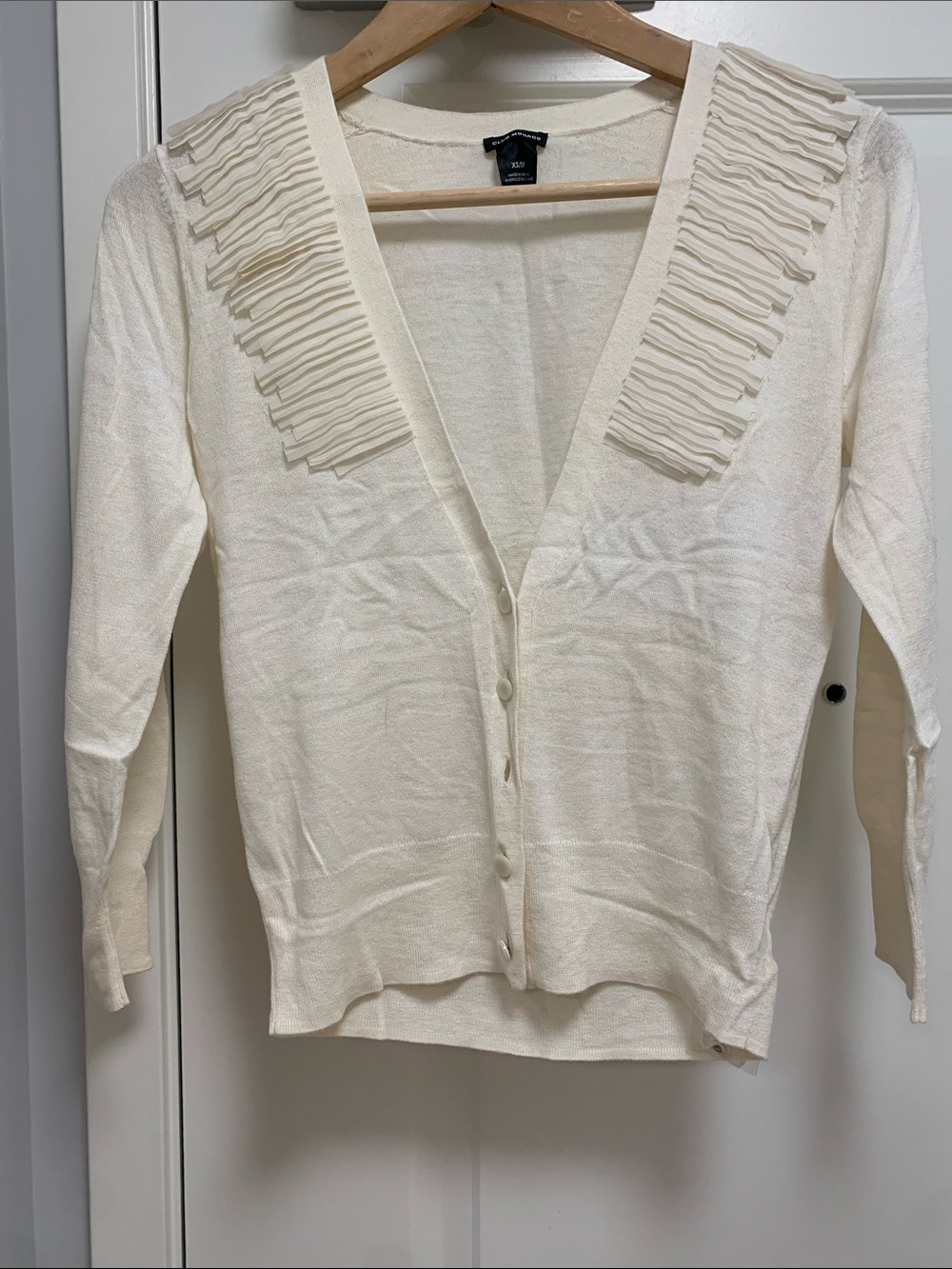 Club Monaco Cream Ruffle-Trim V-Neck Cardigan
